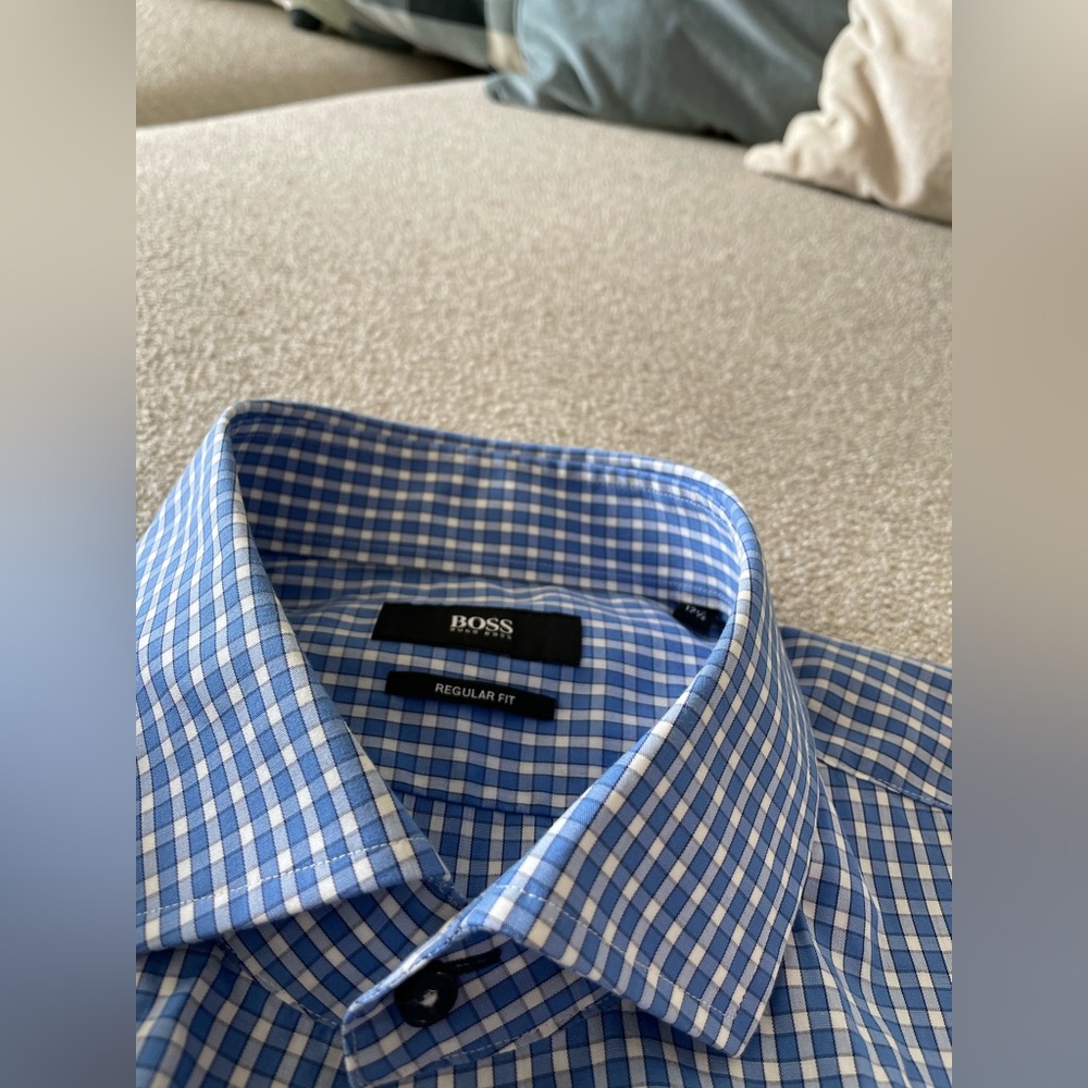 Hugo Boss Men's Blue White Regular Fit Long Sleeve Button Down Shirt 17 1/2